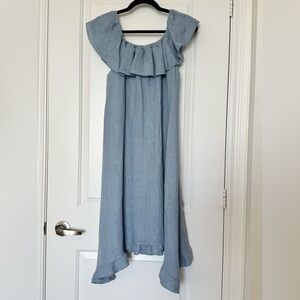 Marina Gigli 100% Linen Blue Ruffle Dress, Made in Italy, large
